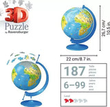 Ravensburger Children’s World Map 3D Puzzle specification graphic showing 22 cm width, 26.7 cm height, 187 pieces and ages 6 to 99