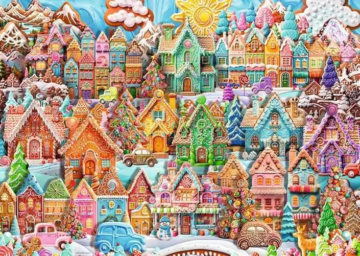 Ravensburger Christmas Cookie Village puzzle artwork showing a colourful snowy village of decorated cookie houses, Christmas trees and festive sweets