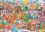 Ravensburger Christmas Cookie Village puzzle artwork showing a colourful snowy village of decorated cookie houses, Christmas trees and festive sweets