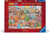 Ravensburger Christmas Cookie Village 1000 piece jigsaw puzzle box featuring colourful decorated cookie houses in a snowy festive village
