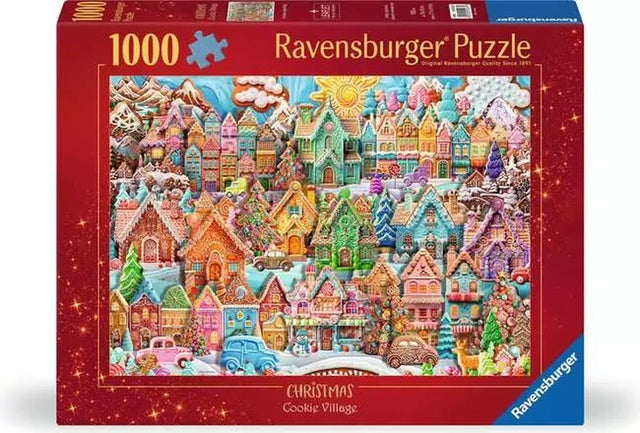 Ravensburger Christmas Cookie Village 1000 piece jigsaw puzzle box featuring colourful decorated cookie houses in a snowy festive village