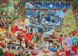 Ravensburger Christmas No30 Santa Takes a Break puzzle artwork showing Santa resting by the Christmas tree with presents, toys, decorations and a snowy village outside