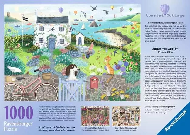 Back of the Ravensburger Coastal Cottage puzzle box showing the coastal cottage artwork, product information and artist details