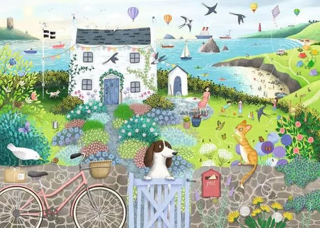 Ravensburger Coastal Cottage puzzle artwork showing a seaside cottage, bicycle, dog, cat, flowers, boats and cliffs beside the sea