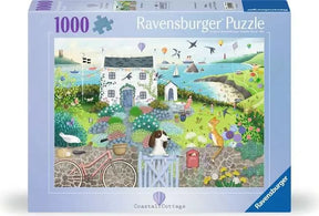 Ravensburger Coastal Cottage 1000 piece jigsaw puzzle box featuring the seaside cottage artwork on the front