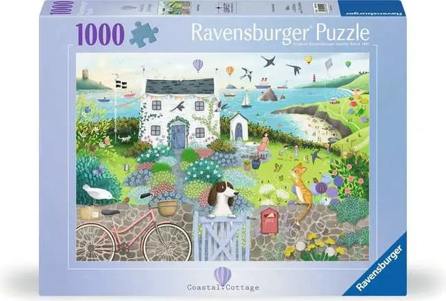 Ravensburger Coastal Cottage 1000 piece jigsaw puzzle box featuring the seaside cottage artwork on the front