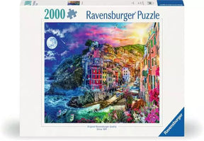 Ravensburger Colourful Cinque Terre 2000 piece jigsaw puzzle box front showing the coastal village artwork with colourful cliffside buildings and boats