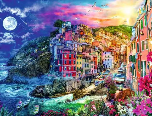 Ravensburger Colourful Cinque Terre 2000 piece jigsaw puzzle artwork close up showing colourful cliffside houses, boats and the sea