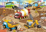 Ravensburger Construction Fun giant floor puzzle artwork showing a cement mixer, dump truck, excavator, bulldozer and other construction vehicles on a busy work site