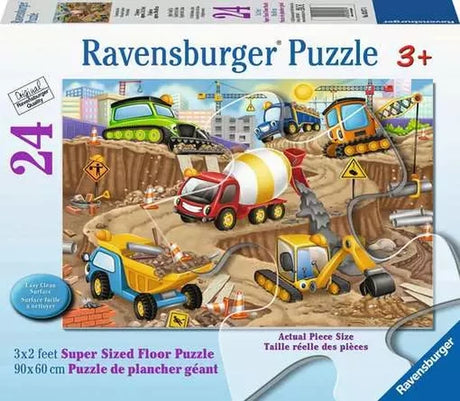 Ravensburger Construction Fun 24 piece giant floor jigsaw puzzle box featuring colourful construction vehicles on a busy building site
