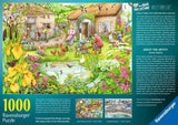 Ravensburger Cosy Café No 3 Valley Cafe Farm 1000 piece jigsaw puzzle box back showing the full countryside café image and product information