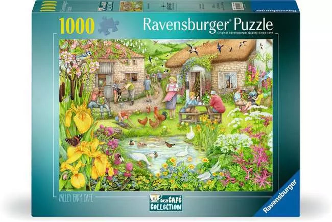 Ravensburger Cosy Café No 3 Valley Cafe Farm 1000 piece jigsaw puzzle box front showing a thatched farm café, pond, ducks, chickens and garden flowers