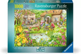 Ravensburger Cosy Café No 3 Valley Cafe Farm 1000 piece jigsaw puzzle box front showing a thatched farm café, pond, ducks, chickens and garden flowers