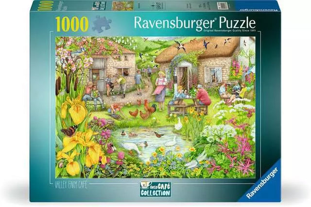 Ravensburger Cosy Café No 3 Valley Cafe Farm 1000 piece jigsaw puzzle box front showing a thatched farm café, pond, ducks, chickens and garden flowers