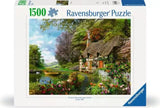 Ravensburger Country Cottage 1500 piece jigsaw puzzle box featuring a thatched cottage beside a pond and colourful garden