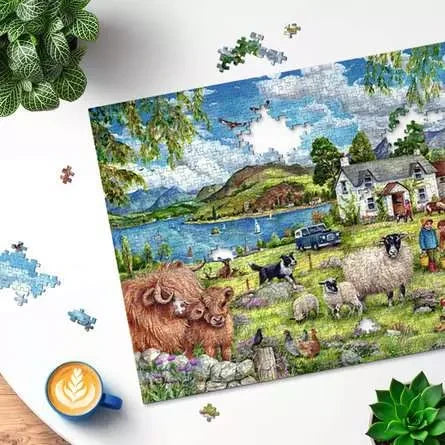 Ravensburger Country Farm 1000 Piece jigsaw puzzle partly assembled on a table with loose pieces around it