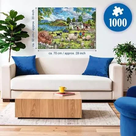 Ravensburger Country Farm 1000 Piece puzzle size guide showing the completed 70 × 50 cm jigsaw displayed above a sofa