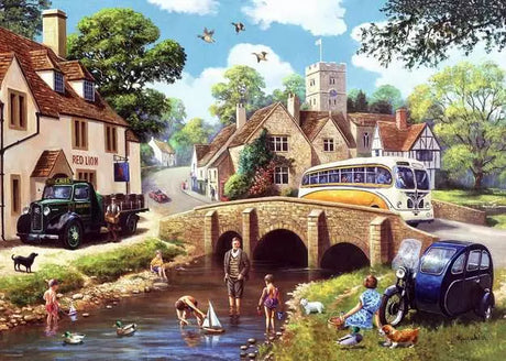 Day by the River puzzle artwork showing a stone bridge, village cottages, children in the water, ducks, and parked cars