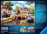 Back of the Ravensburger Day by the River 1000 piece puzzle box with scene preview and artist panel