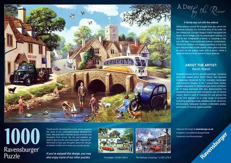Back of the Ravensburger Day by the River 1000 piece puzzle box with scene preview and artist panel