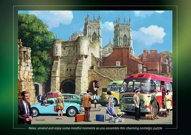 Ravensburger Day Out in York artwork presentation showing the historic York street scene with vintage vehicles, pedestrians and cathedral towers