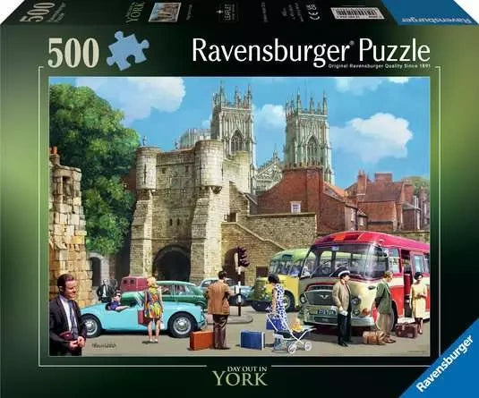 Ravensburger Day Out in York 500 piece jigsaw puzzle box featuring the historic York street scene with vintage vehicles and cathedral towers
