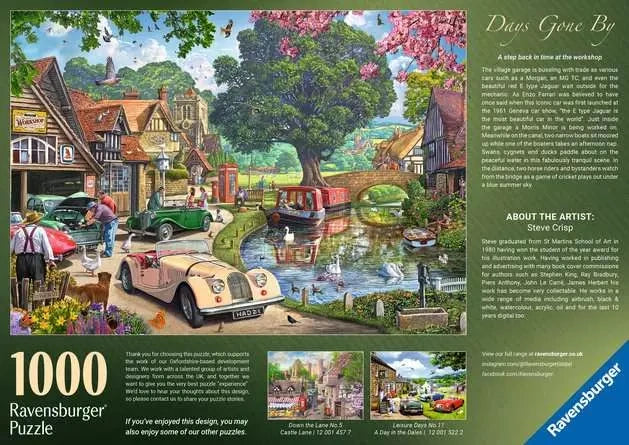 Back of the Ravensburger Days Gone By puzzle box showing the completed village artwork, product information and Steve Crisp artist details