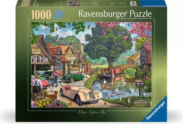 Ravensburger Days Gone By 1000 piece puzzle front packaging showing the nostalgic riverside village artwork
