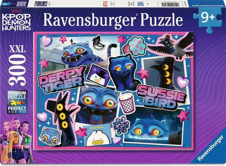Ravensburger Derpy & Sussie 300 piece XXL jigsaw puzzle box front with KPop Demon Hunters artwork and a 9+ age mark
