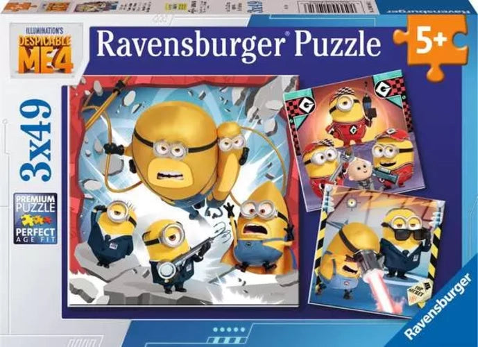Ravensburger Despicable Me 4 3 x 49 piece jigsaw puzzle box showing all three designs