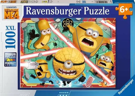 Ravensburger Despicable Me 4 100 piece XXL jigsaw puzzle box featuring Gru and the Minions in a bright yellow action scene