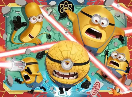 Completed Ravensburger Despicable Me 4 100pc XXL puzzle showing Minions in chaotic fun with Gru and colourful movie artwork