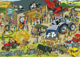 Ravensburger Diddly Squat Farm 1000 Piece puzzle artwork showing a busy farm scene with tractors, livestock, customers and the farm shop