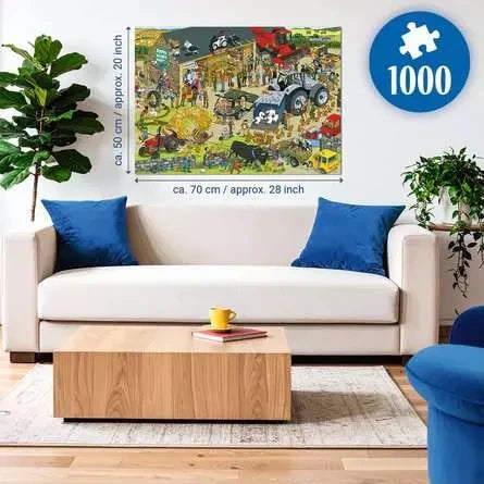 Completed Ravensburger Diddly Squat Farm 1000 Piece jigsaw puzzle displayed on a wall above a sofa