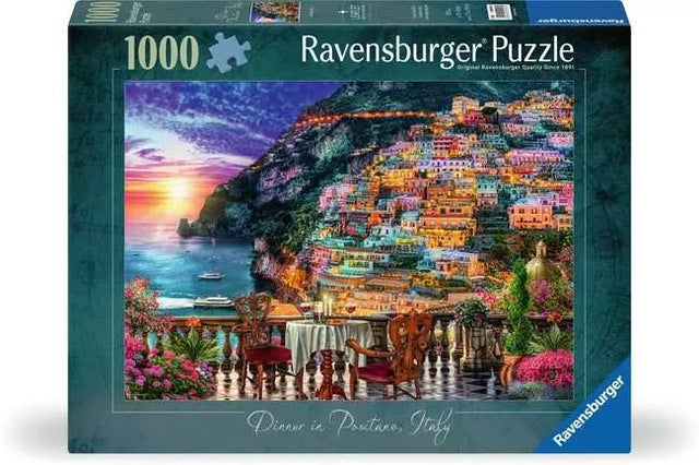 Ravensburger Dinner in Positano 1000 piece jigsaw puzzle box featuring the sunset coastal scene with hillside buildings and terrace dining table