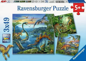 Ravensburger Dinosaur Fascination 3x49 piece puzzle box featuring colourful prehistoric dinosaur scenes