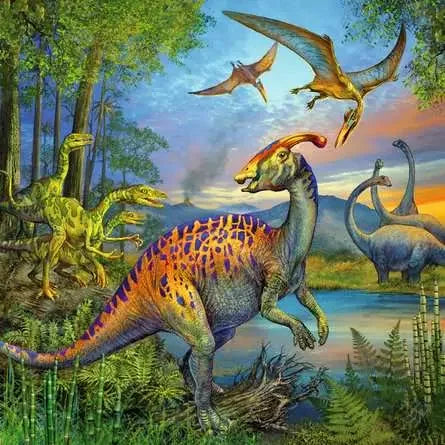 Triceratops family grazing in a lush green valley with volcanoes in the distance from the Ravensburger set