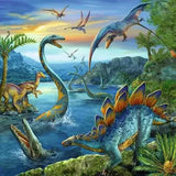 Stegosaurus and flying Pterosaurs near a lake in a bright prehistoric scene from the Ravensburger puzzle