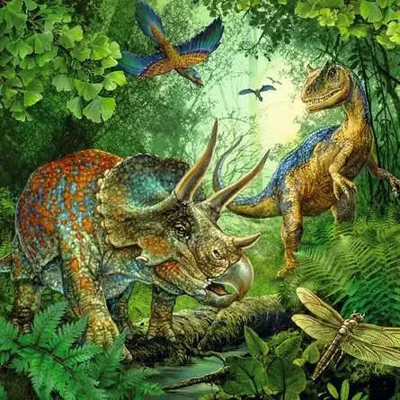 Triceratops family grazing in a lush green valley with volcanoes in the distance from the Ravensburger set