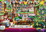 Ravensburger Disney Christmas Cafe puzzle artwork showing a festive café interior with decorated Christmas tree, Disney ornaments, cakes, drinks and colourful seating