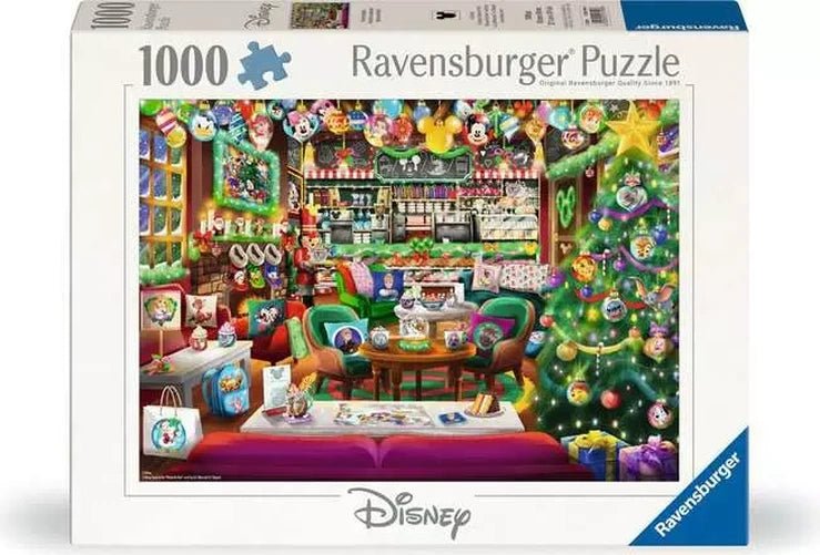 Ravensburger Disney Christmas Cafe 1000 piece jigsaw puzzle box featuring the festive Disney café interior with Christmas tree and decorations