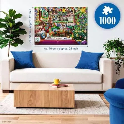 Completed Ravensburger Disney Christmas Cafe 1000 piece puzzle displayed on a wall above a sofa