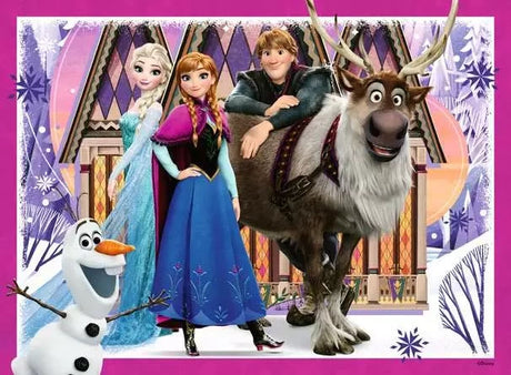 Ravensburger Disney Frozen puzzle artwork featuring Elsa, Anna, Kristoff, Sven and Olaf in a snowy scene