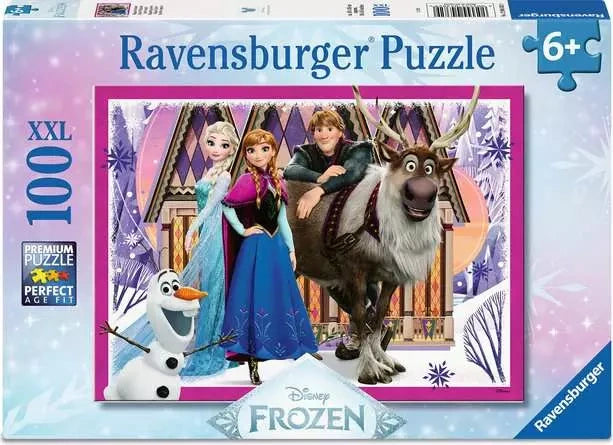 Ravensburger Disney Frozen 100 piece XXL jigsaw puzzle box featuring Elsa, Anna, Kristoff, Sven and Olaf with a 6+ age marking