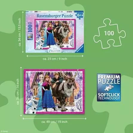 Ravensburger Disney Frozen 100 piece XXL size guide showing the box, completed 49 × 36 cm puzzle and Softclick Technology