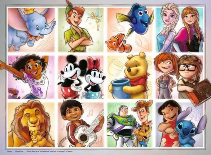 Ravensburger Disney Multicharacter puzzle image arranged in twelve panels with classic Disney and Pixar characters