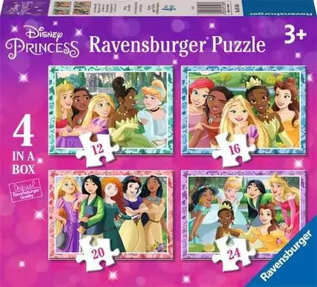 Ravensburger Disney Princess 4 in a Box puzzle set showing all four puzzle images with piece counts of 12, 16, 20, and 24, aged 3 plus