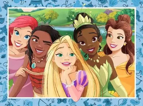 Disney Princess puzzle artwork with blue border showing Ariel, Moana, Rapunzel, Tiana, and Belle smiling together outdoors
