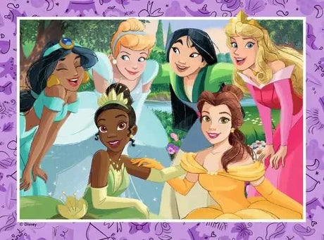 Disney Princess puzzle artwork with purple border showing Jasmine, Cinderella, Tiana, Belle, Mulan, and Aurora grouped together