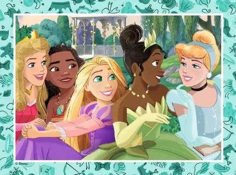 Disney Princess puzzle artwork with teal border showing Aurora, Moana, Rapunzel, Tiana, and Cinderella posing together in a garden setting
